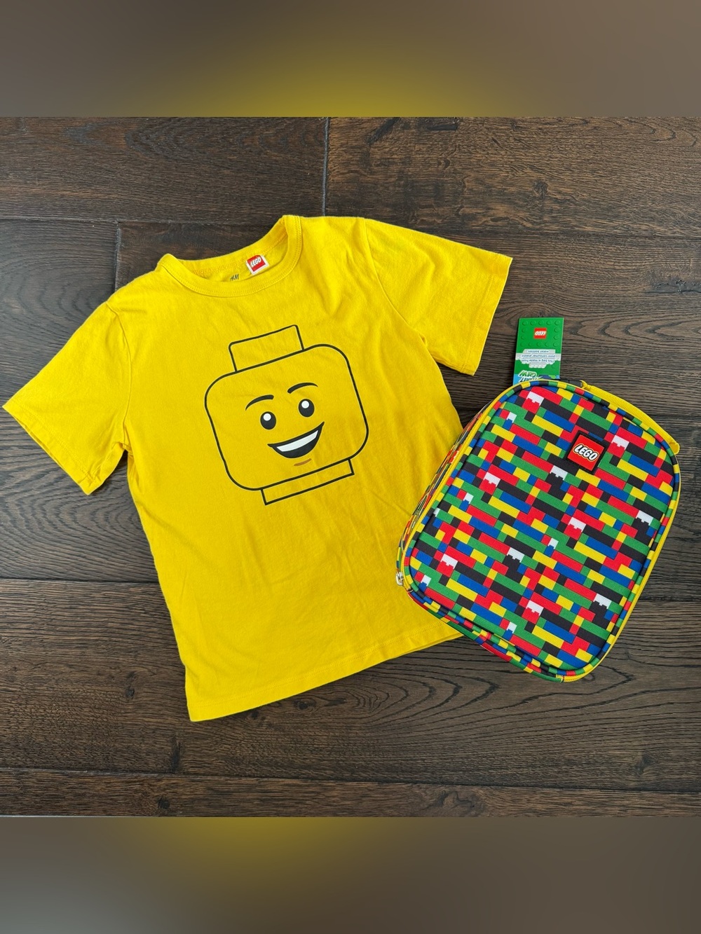 LEGO Kids Yellow Minifigure Face T-Shirt with Multicolor Brick Pattern Lunch box